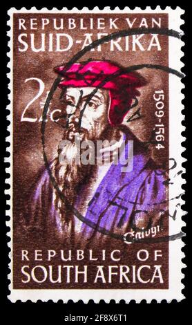 MOSCOU, RUSSIE - 1er OCTOBRE 2019 : timbre-poste imprimé en Afrique du Sud consacré au 4e centenaire de la mort de J. Calvin (1509-1564), anniversaire se Banque D'Images