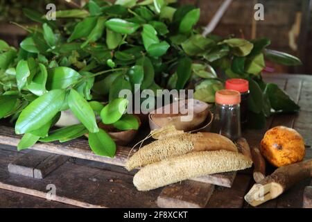 Dougaldston Estate Grenada Spice Plantation Cocoa Station Historic Boucan qui A depuis été détruit par un incendie en mai 2020 - Gros plan des épices et Banque D'Images