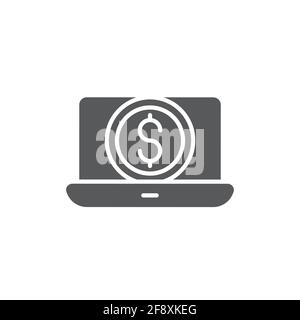 Ordinateur portable Gold Line avec symbole dollar, icône isolée sur fond bleu foncé. Concept d'achat en ligne. Gains dans l'Internet, le marketing. Illustration de Vecteur