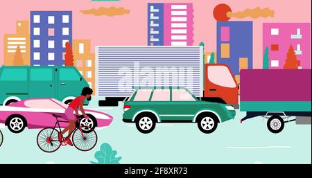 Les cyclistes afro-américains sont à vélo sur la route avec des embouteillages dans la ville. Dessin animé , conception plate , illustration Banque D'Images