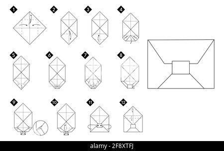 Comment faire une illustration de vecteur d'enveloppe origami. Instructions de bricolage détaillées en noir monochrome. Illustration de Vecteur