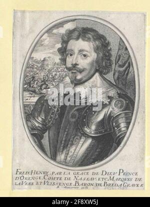 Friedrich Heinrich, prince d'Orania, comte de Nassau presque à moitié figure, à moitié à partir de la gauche; Barhaupt, avec moustache et bardard; collier à bout lobé autour du pont; à Harnic; à l'arrière-plan, à droite mur drapé, à gauche, plus loin, rider lutte contre la ville fortifiée; dans un cadre ovale; Sous la représentation de la légende française, la note négative de l'éditeur. Gravure en cuivre, relocalisée (également stang?) De Balthasar Moncornet. Banque D'Images