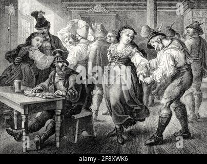Danse folklorique dans un pub, Bavière, Allemagne, 19e siècle Banque D'Images