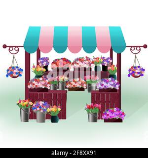 Ouvrez une boutique de fleurs ou un kiosque en bois avec un grand nombre de pots et de plateaux de fleurs. Vente printanière de plantules ou de bourgeons pour bouquets avec tulipes et p Illustration de Vecteur