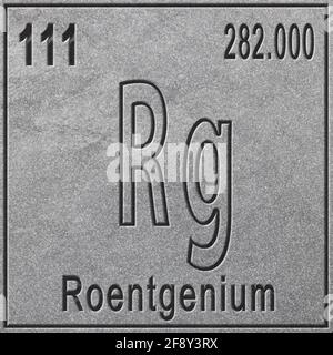 Élément chimique de Roentgenium, signe avec numéro atomique et poids atomique, élément du tableau périodique, fond argenté Banque D'Images