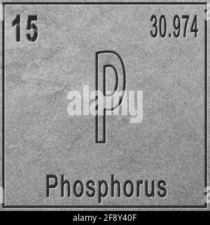 Élément chimique du phosphore, signe avec numéro atomique et poids atomique, élément du tableau périodique, fond argenté Banque D'Images