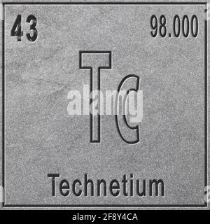 Élément chimique du technétium, signe avec le nombre atomique et le poids atomique, élément du tableau périodique, fond argenté Banque D'Images