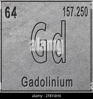 Élément chimique du gadolinium, signe avec numéro atomique et poids atomique, élément du tableau périodique, fond argenté Banque D'Images