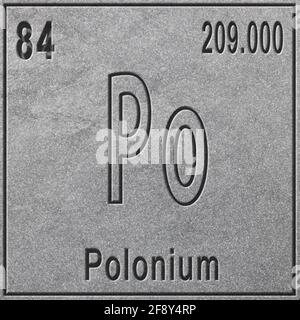 Élément chimique de polonium, signe avec numéro atomique et poids atomique, élément du tableau périodique, fond argenté Banque D'Images