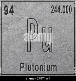 Élément chimique de plutonium, signe avec numéro atomique et poids atomique, élément du tableau périodique, fond argenté Banque D'Images