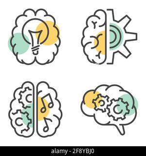 Ensemble d'illustrations vectorielles d'icônes de cerveau de style linéaire avec des éléments colorés représentant la créativité et le concept d'innovation. Contour modifiable. Illustration de Vecteur