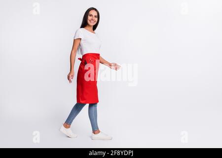 Photo pleine grandeur de jeune heureuse joyeuse belle femme coiffeur marchez dans le tablier rouge isolé sur fond gris Banque D'Images