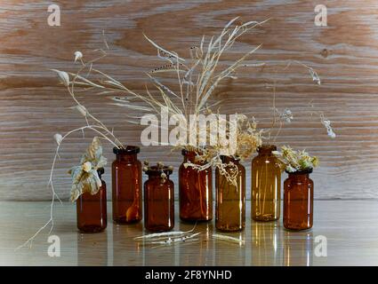 Médecine alternative. Les parties mûres et séchées des plantes sont de couleur paille. Herbes et graines en bouteilles de verre brun. Banque D'Images