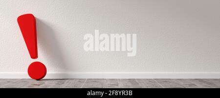 Point d'exclamation rouge ou symbole de point appuyé contre un mur blanc sur un plancher en bois avec espace de copie, solution, alerte ou concept d'information, illustration 3D Banque D'Images