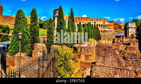 Ruines anciennes avec Colisée en arrière-plan, Rome, Italie Banque D'Images