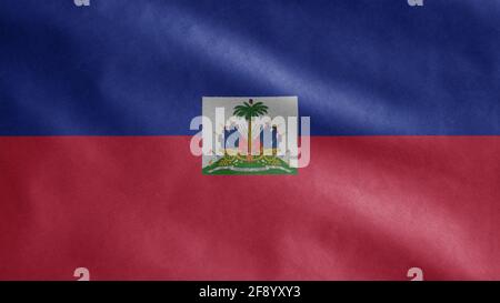 Drapeau haïtien agitant dans le vent. Gros plan de la bannière d'Haïti soufflant, doux et lisse soie. Tissu texture ensign arrière-plan. Utilisez-le pour le d national Banque D'Images