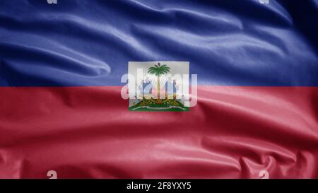 Drapeau haïtien agitant dans le vent. Gros plan de la bannière d'Haïti soufflant, doux et lisse soie. Tissu texture ensign arrière-plan. Banque D'Images