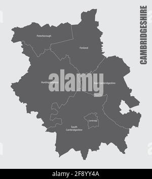 La carte isolée du comté de Cambridgeshire est divisée en districts avec des étiquettes, l'Angleterre Illustration de Vecteur