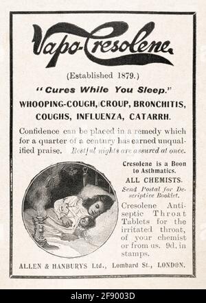 Vieux magazine victorien vintage papier journal pour Vapo-Cresoline Cold Cure publicité de médecine de 1906 - avant les normes de publicité. Banque D'Images