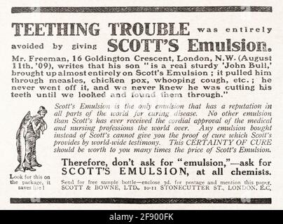 Vieux magazine Edwardian vintage papier journal pour l'Emulsion de Scott publicité de médecine dentaire de teething de 1911 - avant les normes de publicité. Banque D'Images
