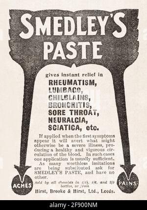 Publicité dans le magazine Edwardian d'époque pour Smedley's Paste de 1912 - normes pré-publicitaires. Antécédents médicaux, grippe, bronchite, rhumatisme. Banque D'Images