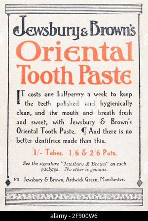 Vieux magazine Edwardian vintage papier journal Jewsbury & Brown's dentifrice publicité de 1912 - avant l'aube des normes publicitaires. Banque D'Images