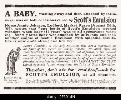 Vieux magazine Edwardian vintage papier journal pour l'Emulsion de Scott la publicité de la médecine de la grippe de 1912 - avant les normes de publicité. Banque D'Images