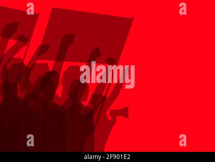 Silhouette de la foule de manifestants avec drapeaux, haut-parleurs et mains levées sur fond rouge avec espace pour les copies. Protestation politique, et Illustration de Vecteur