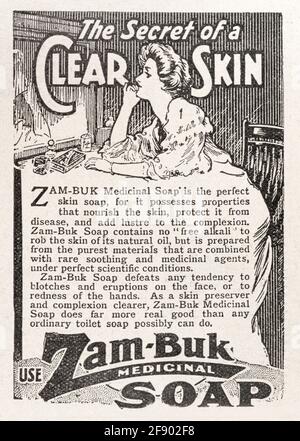 Ancienne publicité de savon médical Edwardian Zam Buk de 1911 - normes de pré-publicité. Vieille publicité de soins de la peau, histoire de la publicité. Banque D'Images