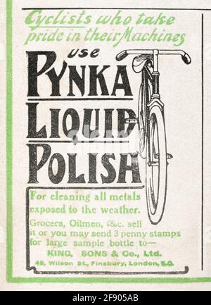 Ancienne publicité victorienne Pynka polish de vélo de 1906 - normes pré-publicité. Histoire de la publicité, vieux vélo annonces. Banque D'Images