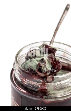 Gros plan de la moisissure sur la confiture de baies isolée sur blanc Banque D'Images