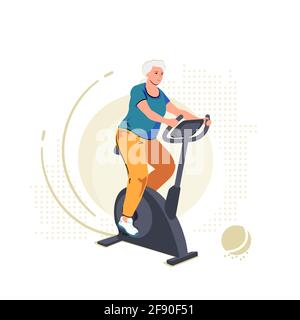 Femme âgée sur vélo d'exercice. Entraînement à la maison sur vélo stationnaire. Sport à l'intérieur de retraite, actif mature retraité illustration Illustration de Vecteur