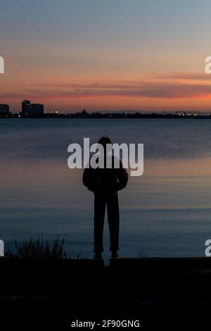 Silhouette de jeune personne qui regarde la baie de la ville pendant coucher de soleil Banque D'Images