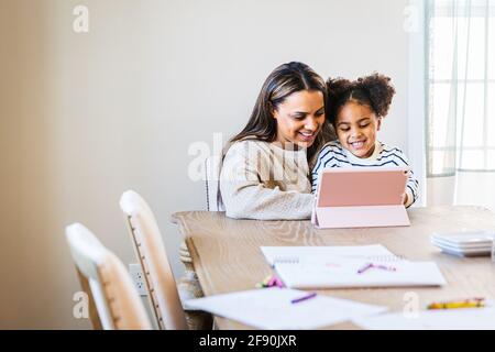 Bonne femme et fille utilisant une tablette numérique à la maison Banque D'Images