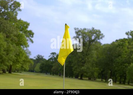 Un drapeau jaune indique généralement la position d'une broche ou l'emplacement du trou, à l'arrière du vert. Banque D'Images