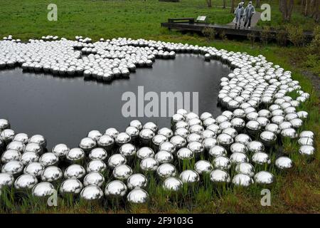 New York, États-Unis. 15 avril 2021. Vue du jardin Narcisse, qui fait partie de l'exposition "nature cosmique" de l'artiste japonais contemporain Yayoi Kusama, au jardin botanique de New York, dans le quartier Bronx de New York, le 15 avril 2021. Les œuvres sélectionnées par l'artiste japonais Yayoi Kusama sont exposées à l'extérieur et à l'intérieur des jardins botaniques de New York, où les visiteurs sont tenus d'acheter des billets à heures fixe et de porter des masques pendant leur séjour dans le parc. (Photo par Anthony Behar/Sipa USA) crédit: SIPA USA/Alay Live News Banque D'Images