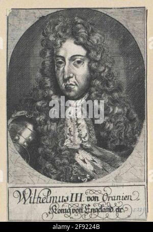 Wilhelm III., prince d'Orania, roi d'Angleterre comme roi : image de poitrine, en face de gauche; avec perruque d'Allon, haut de la jarre; à Harnisch, avec un manteau verrouillé par hermelin autour de l'épaule droite, des collains du groupe de pantalons ordre seulement une partie de la partie avec enceinte religieuse partiellement visible; En ovale, sur les deux côtés un peu coupé, avec un rocher rectangulaire; en dessous de la police rectangulaire marinée avec deux lignes. Légende allemande. Gravure en cuivre, sans désignation. Banque D'Images
