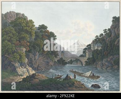 Vue sur la parade et le pont de Saint Maurice dans le bas Valais ce passage très important est situé près de la petite ville de Saint Maurice connue dans l'histoire ancienne sous le nom d'Agaunum, Et dans les légendes par le martyre de la Légion thébaïne dont la tête lui a donné le nom qu'elle porte aujourd'hui. Le Rhône très serré coule là sur un beau pont en pierre, 80. Pas de long et une arche. Ce pont, attribué aux Romains, appartient au canton de Berne et à la République du Valais. Une porte construite au milieu sépare les deux États Banque D'Images