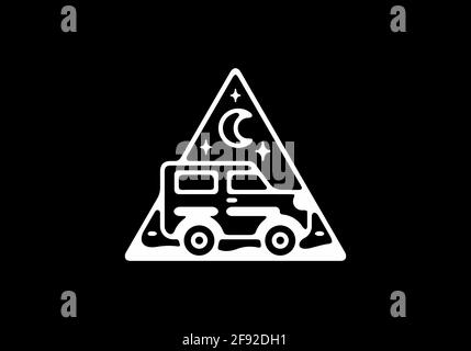 Dessin au trait blanc sur fond noir d'une voiture tout-terrain motif badge Illustration de Vecteur