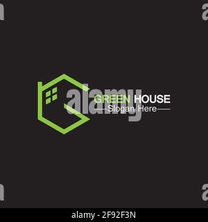 Green House logo.Real Estate logo idées concept pour la maison écologique arrière-plan noir isolé Illustration de Vecteur