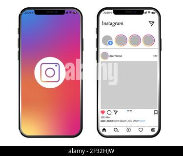 VINNYTSIA, UKRAINE - AVRIL 14 2021 modèle de poste Instagram sur iphone. Modèle de conception pour les entreprises numériques. Illustration vectorielle isolée sur fond blanc Illustration de Vecteur
