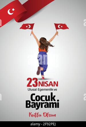 23 Nisan Ulusal Egemenlik ve Cocuk Bayrami. La souveraineté nationale et la Journée des enfants. Dinde girl running avec drapeau. Illustration vectorielle. Illustration de Vecteur