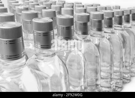 Flacons d'alcool pur non étiquetés. Une multitude de bouteilles de boissons alcoolisées maison isolées sur blanc. Production de petites liqueurs basée sur la distillation. B Banque D'Images