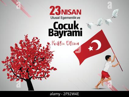 23 Nisan Ulusal Egemenlik ve Cocuk Bayrami. La souveraineté nationale et la Journée des enfants. Dinde garçon courant avec drapeau. Illustration vectorielle. Illustration de Vecteur