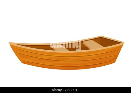 Bateau en bois, canoë en dessin animé de style plat isolé sur fond blanc. Matériel de pêche pour lac ou mer. Transport rétro petit format. Illustration vectorielle Illustration de Vecteur