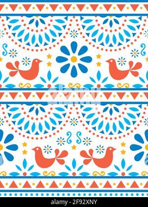 Motif vectoriel d'art populaire mexicain sans coutures avec fleurs et oiseaux, imprimé textile ou tissu inspiré de l'art traditionnel du Mexique Illustration de Vecteur