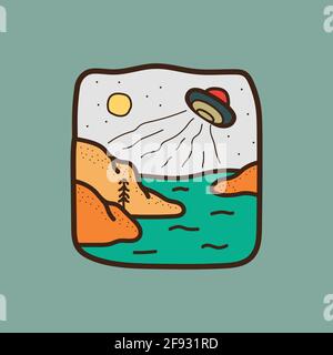 Une plage attaquée par la conception OVNI de la ligne badge patch pin illustration graphique vecteur art t-shirt design. Banque D'Images