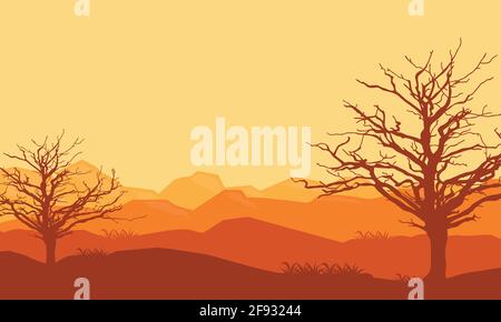 Incroyable panorama de montagne au crépuscule avec silhouettes d'arbres secs autour. Illustration vectorielle d'une ville Illustration de Vecteur