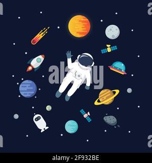 Homme astronaute flottant dans l'espace avec fond de planètes. Étoile et planètes sur fond de galaxie. Illustration vectorielle de style plat Illustration de Vecteur