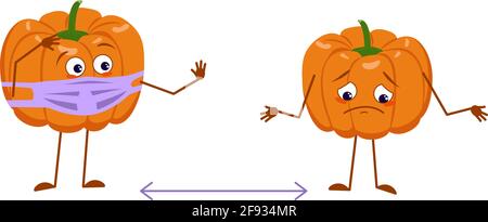 Les personnages de citrouille mignons avec le visage et le masque gardent la distance, les bras et les jambes. Le drôle ou triste héros, orange légume d'automne. Halloween Illustration de Vecteur